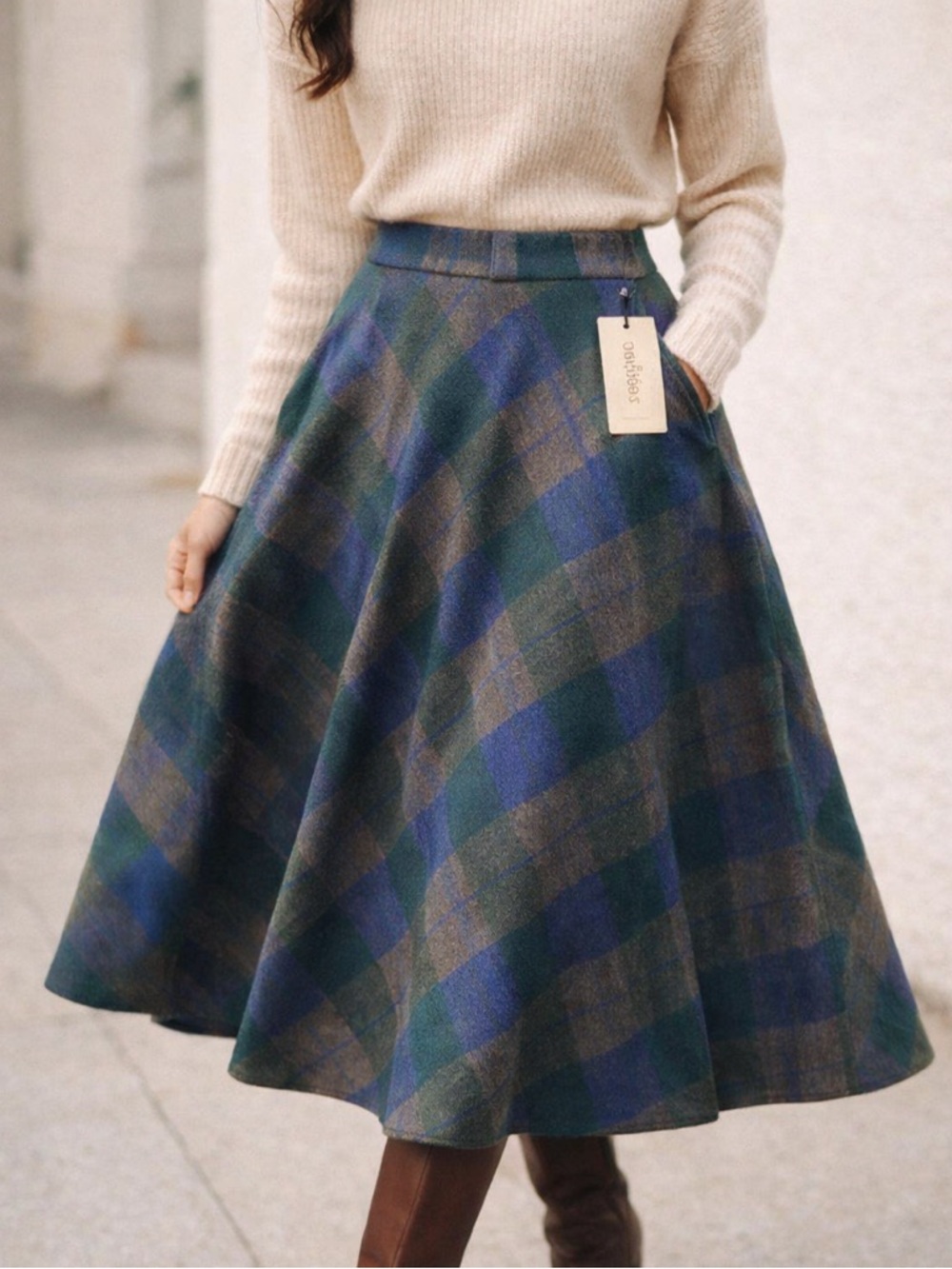 NWT EBOSSY Plaid Midi Skirt Blue Green Wool Blend SIZE XXL Flare Pockets